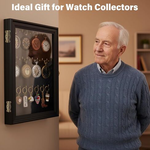 Pocket Watch Display Case, Elegant Keychain Display Stand with 24 Metal Hooks, Wall Mount Display for Pocket Watch Collectors, Unique Gift for Watch Lovers in Saudi Arabia