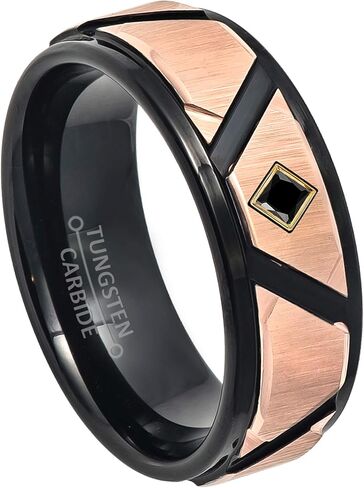 Black & Rose Gold IP Tungsten Carbide Wedding Band with Round Cut or Princess Cut Black Diamond Tungsten Ring - Comfort Fit Tungsten Anniversary Ring in Saudi Arabia
