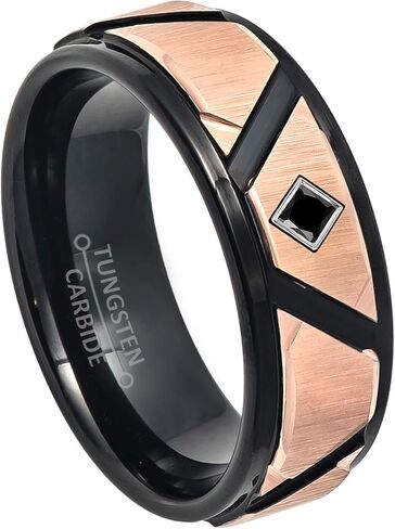 Black & Rose Gold IP Tungsten Carbide Wedding Band with Round Cut or Princess Cut Black Diamond Tungsten Ring - Comfort Fit Tungsten Anniversary Ring in Saudi Arabia