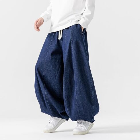 GURUNVANI Men’s Baggy Jeans with Elastic Waist Streetwear | vintage denim pants, deep pockets, hip hop style, skateboard pants, casual daily wear, elastic drawstring waistband in Kuwait