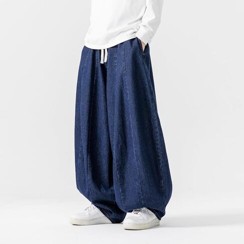 GURUNVANI Men’s Baggy Jeans with Elastic Waist Streetwear | vintage denim pants, deep pockets, hip hop style, skateboard pants, casual daily wear, elastic drawstring waistband in Kuwait