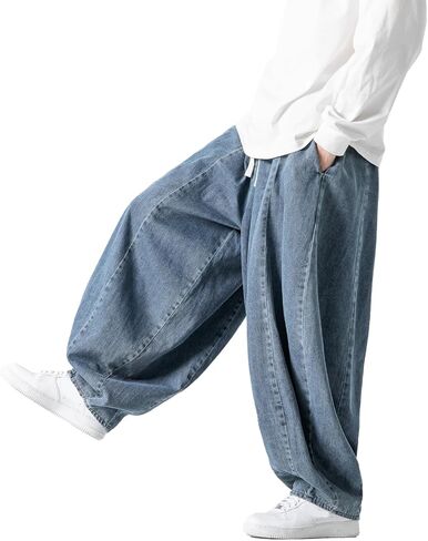 GURUNVANI Men’s Baggy Jeans with Elastic Waist Streetwear | vintage denim pants, deep pockets, hip hop style, skateboard pants, casual daily wear, elastic drawstring waistband in Kuwait