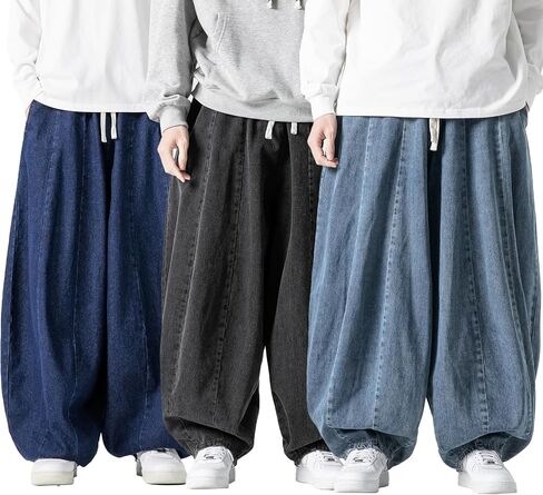 GURUNVANI Men’s Baggy Jeans with Elastic Waist Streetwear | vintage denim pants, deep pockets, hip hop style, skateboard pants, casual daily wear, elastic drawstring waistband in Kuwait