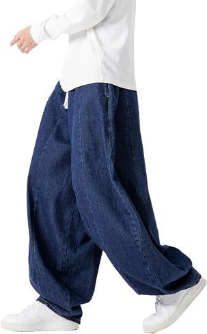 GURUNVANI Men’s Baggy Jeans with Elastic Waist Streetwear | vintage denim pants, deep pockets, hip hop style, skateboard pants, casual daily wear, elastic drawstring waistband in Kuwait
