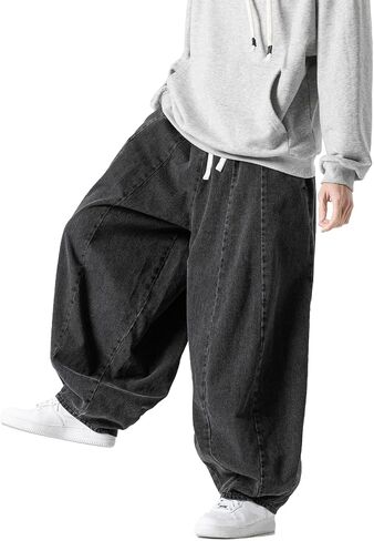 GURUNVANI Men’s Baggy Jeans with Elastic Waist Streetwear | vintage denim pants, deep pockets, hip hop style, skateboard pants, casual daily wear, elastic drawstring waistband in Kuwait
