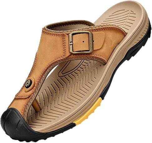 Men'S Leather T-Strapy Casual Beach Flip Flops With Toe Protection Design Fashion Platform Arch Support Slip On Closed Toe Thong Walking Hiking Sandals Summer Sports Sandals in Kuwait