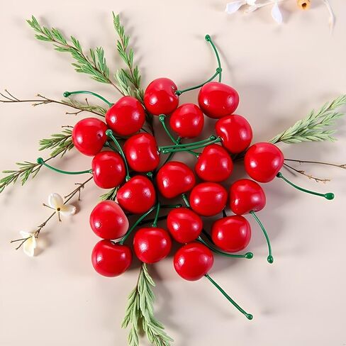 20pcs Red Artificial Cherries, Fake Fruit Decor Simulation Cherry Model Lifelike Fruit Cherry Ornament, Home Kitchen Party Decoration Desk Ornament Photography Prop in Kuwait