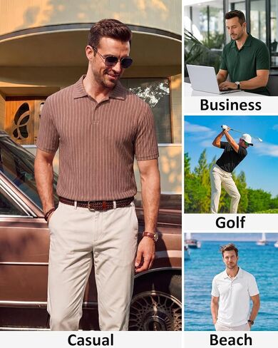 ZKMAN Men's Striped Polo Shirts Short Sleeve Moisture Wicking Dry Fit Stretch Textured Performance Golf Shirt in Kuwait