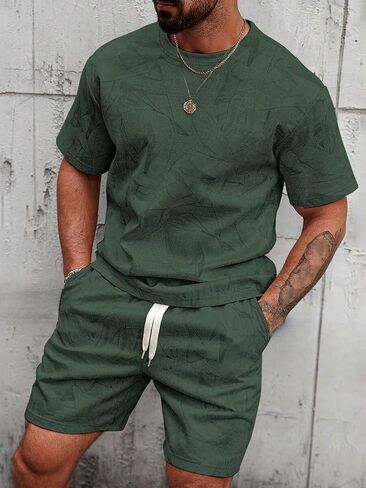 Men's 2 Piece Workout Outfits Short Sleeve Crew Neck T-Shirt Drawstring Shorts Sets Summer Casual Tracksuit in Kuwait