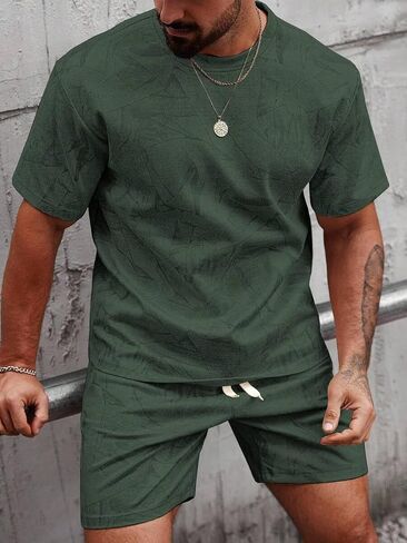 Men's 2 Piece Workout Outfits Short Sleeve Crew Neck T-Shirt Drawstring Shorts Sets Summer Casual Tracksuit in Kuwait