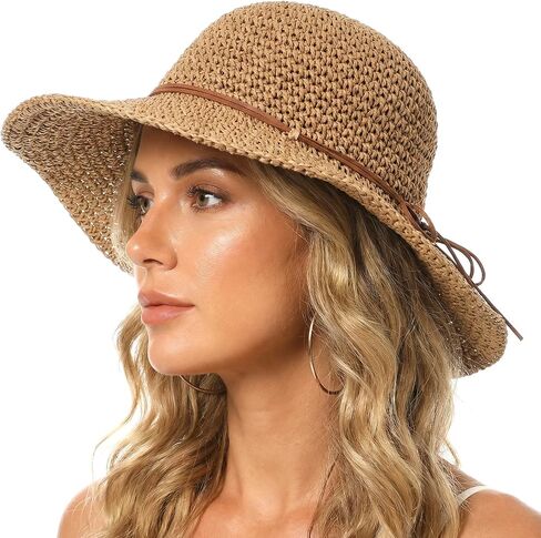 Beach Sun Hats for Women - Floppy Wide Straw Hats for Women - Summer Womens Straw Bucket Hat Foldable Packable Roll up Cap for Summer Travel Khaki in Kuwait