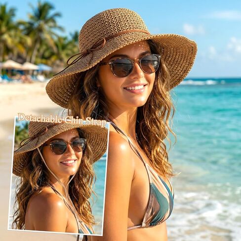 Beach Sun Hats for Women - Floppy Wide Straw Hats for Women - Summer Womens Straw Bucket Hat Foldable Packable Roll up Cap for Summer Travel Khaki in Kuwait