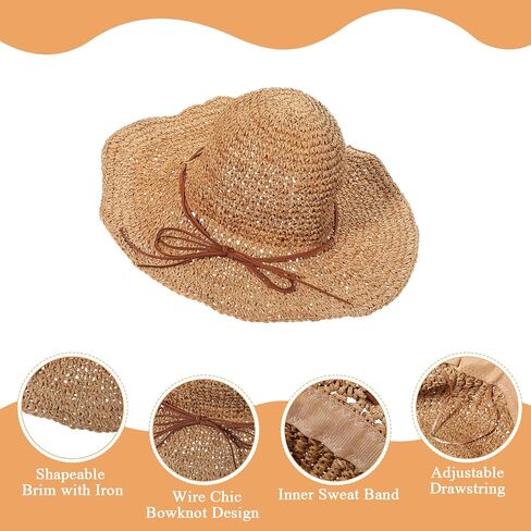 Beach Sun Hats for Women - Floppy Wide Straw Hats for Women - Summer Womens Straw Bucket Hat Foldable Packable Roll up Cap for Summer Travel Khaki in Kuwait