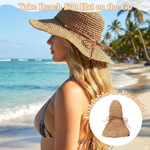 Beach Sun Hats for Women - Floppy Wide Straw Hats for Women - Summer Womens Straw Bucket Hat Foldable Packable Roll up Cap for Summer Travel Khaki in Kuwait
