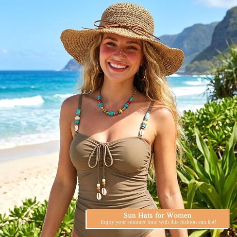 Beach Sun Hats for Women - Floppy Wide Straw Hats for Women - Summer Womens Straw Bucket Hat Foldable Packable Roll up Cap for Summer Travel Khaki in Kuwait