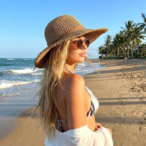 Beach Sun Hats for Women - Floppy Wide Straw Hats for Women - Summer Womens Straw Bucket Hat Foldable Packable Roll up Cap for Summer Travel Khaki in Kuwait