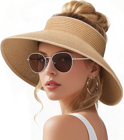 Sun Visors Hats for Women, Fashionable Straw Beach Hat with Wide Brim, Sun Hat UPF 50+ UV Protection in Saudi Arabia