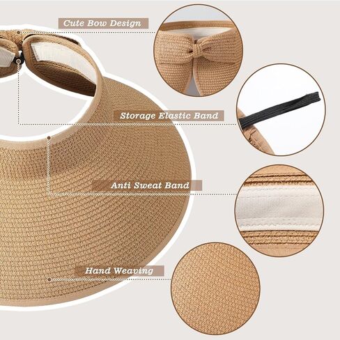 Sun Visors Hats for Women, Fashionable Straw Beach Hat with Wide Brim, Sun Hat UPF 50+ UV Protection in Saudi Arabia