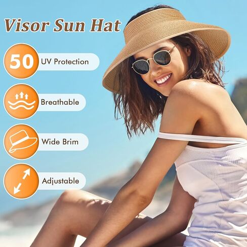 Sun Visors Hats for Women, Fashionable Straw Beach Hat with Wide Brim, Sun Hat UPF 50+ UV Protection in Saudi Arabia