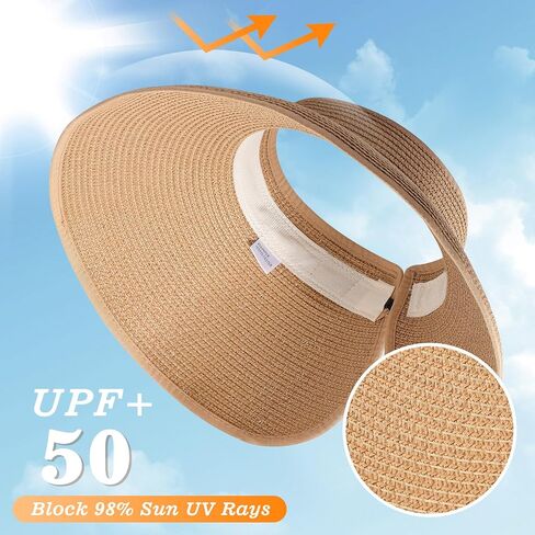 Sun Visors Hats for Women, Fashionable Straw Beach Hat with Wide Brim, Sun Hat UPF 50+ UV Protection in Saudi Arabia