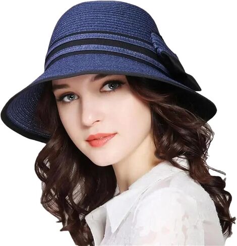 Women's Boater Straw Hat Wide Brim Casual Bow Detail Sun Protection Travel Beach Straw Hat in Kuwait