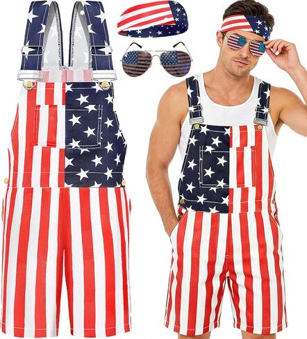 Yi-gog American Flag Coveralls for Men Bib Overalls Festival Jumpsuits Shorts Romper Women Fashion Multi Side Pockets Cargo in Saudi Arabia