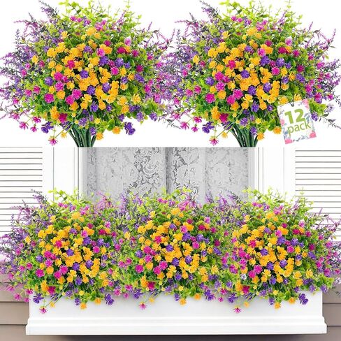 12 Bundles Artificial Flowers Outdoor UV Resistant Fake Flowers Realistic Plastic Greenery Plants Outside Faux Silk Wildflowers for Planters, Porch, Garden, Hanging Baskets, Window Box, Summer Decor in Saudi Arabia
