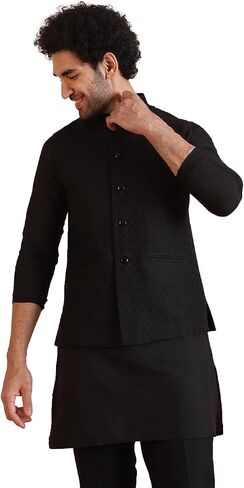 KISAH Men's Nehru Jacket, Black Jacquard, Floral Regular Fit Mandarin Collar Sleeveless | Traditional Wear for Men in Saudi Arabia