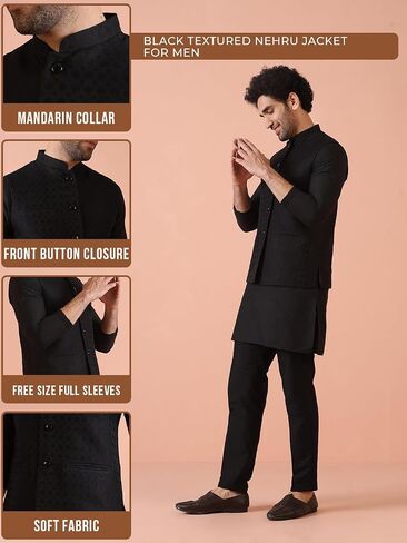 KISAH Men's Nehru Jacket, Black Jacquard, Floral Regular Fit Mandarin Collar Sleeveless | Traditional Wear for Men in Saudi Arabia