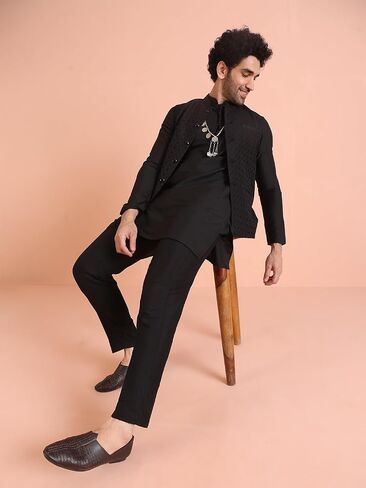 KISAH Men's Nehru Jacket, Black Jacquard, Floral Regular Fit Mandarin Collar Sleeveless | Traditional Wear for Men in Saudi Arabia