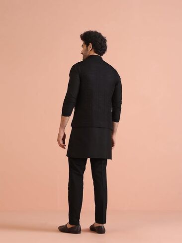 KISAH Men's Nehru Jacket, Black Jacquard, Floral Regular Fit Mandarin Collar Sleeveless | Traditional Wear for Men in Saudi Arabia