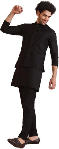 KISAH Men's Nehru Jacket, Black Jacquard, Floral Regular Fit Mandarin Collar Sleeveless | Traditional Wear for Men in Saudi Arabia
