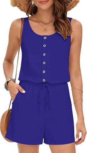 MISFAY Women's Sleeveless Romper Button Scoop Neck Jumpsuit Pockets | Metal Buttons, Elastic High Waist, Soft Stretchy Breathable, Flowy Loose Fit, Summer Beach Vacation, Machine Washable in Saudi Arabia