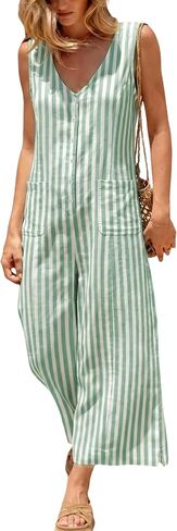 UANEO Women's Jumpsuit Striped Button Down Casual Sleeveless Romper Wide Leg Summer Overall One Piece with Pockets in Kuwait