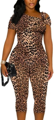 Women's Leopard Capri Jumpsuit - Summer Casual One Piece Jumpsuits Bodycon Short Sleeve Romper Outfits Travel in Saudi Arabia