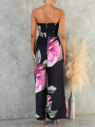 THLAI Sexy Jumpsuits for Women Floral Print Off Shoulder Top Wide Leg Pants Jumpsuits with Matching Belt Elegant Outfits in Kuwait