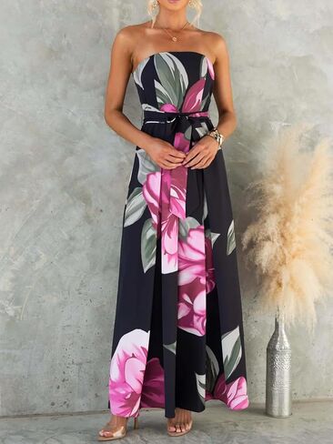 THLAI Sexy Jumpsuits for Women Floral Print Off Shoulder Top Wide Leg Pants Jumpsuits with Matching Belt Elegant Outfits in Kuwait