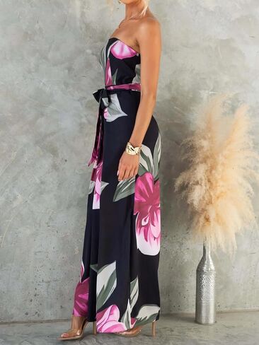 THLAI Sexy Jumpsuits for Women Floral Print Off Shoulder Top Wide Leg Pants Jumpsuits with Matching Belt Elegant Outfits in Kuwait