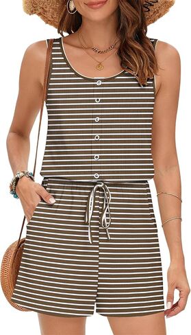 MISFAY Women's Sleeveless Romper Button Scoop Neck Jumpsuit Pockets | Metal Buttons, Elastic High Waist, Soft Stretchy Breathable, Flowy Loose Fit, Summer Beach Vacation, Machine Washable in Saudi Arabia