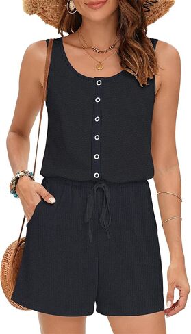MISFAY Women's Sleeveless Romper Button Scoop Neck Jumpsuit Pockets | Metal Buttons, Elastic High Waist, Soft Stretchy Breathable, Flowy Loose Fit, Summer Beach Vacation, Machine Washable in Saudi Arabia