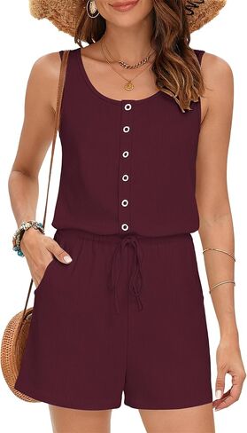 MISFAY Women's Sleeveless Romper Button Scoop Neck Jumpsuit Pockets | Metal Buttons, Elastic High Waist, Soft Stretchy Breathable, Flowy Loose Fit, Summer Beach Vacation, Machine Washable in Saudi Arabia