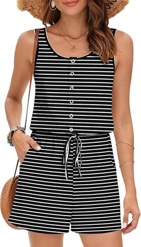 MISFAY Women's Sleeveless Romper Button Scoop Neck Jumpsuit Pockets | Metal Buttons, Elastic High Waist, Soft Stretchy Breathable, Flowy Loose Fit, Summer Beach Vacation, Machine Washable in Saudi Arabia