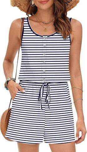 MISFAY Women's Sleeveless Romper Button Scoop Neck Jumpsuit Pockets | Metal Buttons, Elastic High Waist, Soft Stretchy Breathable, Flowy Loose Fit, Summer Beach Vacation, Machine Washable in Saudi Arabia