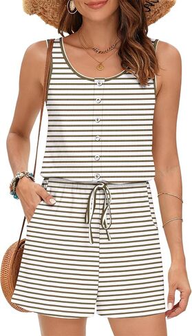 MISFAY Women's Sleeveless Romper Button Scoop Neck Jumpsuit Pockets | Metal Buttons, Elastic High Waist, Soft Stretchy Breathable, Flowy Loose Fit, Summer Beach Vacation, Machine Washable in Saudi Arabia
