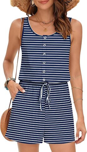 MISFAY Women's Sleeveless Romper Button Scoop Neck Jumpsuit Pockets | Metal Buttons, Elastic High Waist, Soft Stretchy Breathable, Flowy Loose Fit, Summer Beach Vacation, Machine Washable in Saudi Arabia