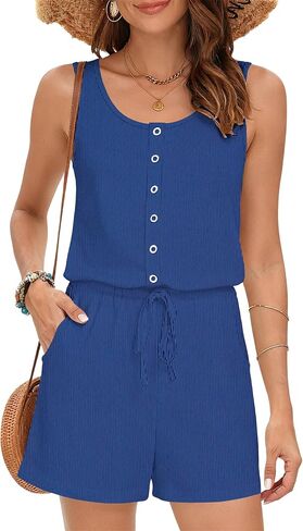 MISFAY Women's Sleeveless Romper Button Scoop Neck Jumpsuit Pockets | Metal Buttons, Elastic High Waist, Soft Stretchy Breathable, Flowy Loose Fit, Summer Beach Vacation, Machine Washable in Saudi Arabia
