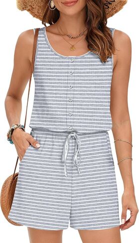 MISFAY Women's Sleeveless Romper Button Scoop Neck Jumpsuit Pockets | Metal Buttons, Elastic High Waist, Soft Stretchy Breathable, Flowy Loose Fit, Summer Beach Vacation, Machine Washable in Saudi Arabia