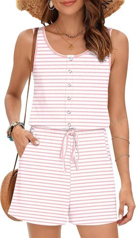MISFAY Women's Sleeveless Romper Button Scoop Neck Jumpsuit Pockets | Metal Buttons, Elastic High Waist, Soft Stretchy Breathable, Flowy Loose Fit, Summer Beach Vacation, Machine Washable in Saudi Arabia