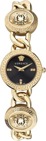 Versace Stud Icon Women's Watch, 26mm IP Yellow Gold Case, Black Sunray Dial, Gold Tone Bracelet, Swiss Quartz Movement, Jewelry Clasp, 3 ATM Water Resistant in Kuwait