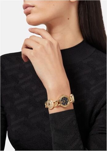Versace Stud Icon Women's Watch, 26mm IP Yellow Gold Case, Black Sunray Dial, Gold Tone Bracelet, Swiss Quartz Movement, Jewelry Clasp, 3 ATM Water Resistant in Kuwait